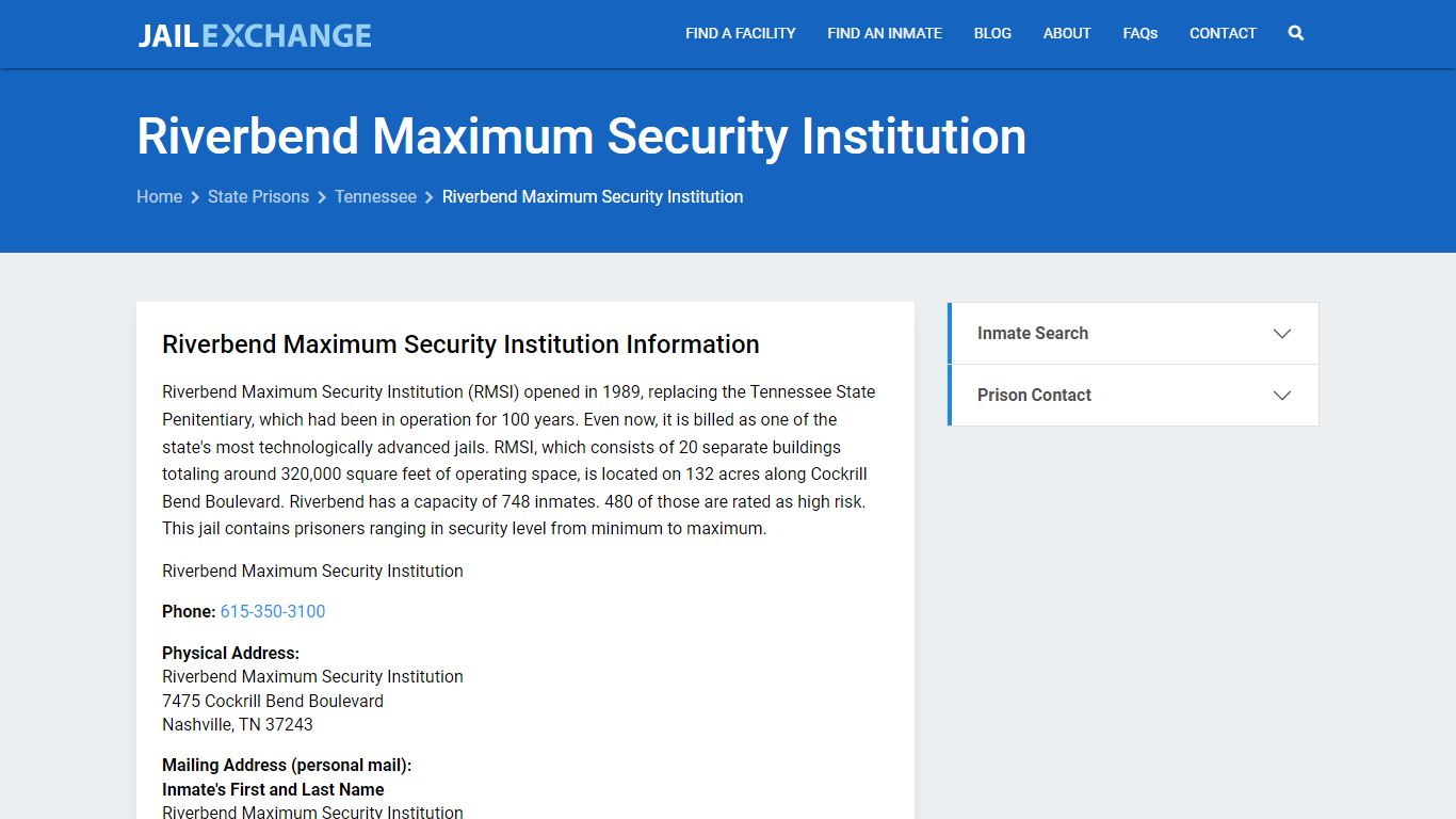 Riverbend Maximum Security Institution Inmate Search, TN - Jail Exchange